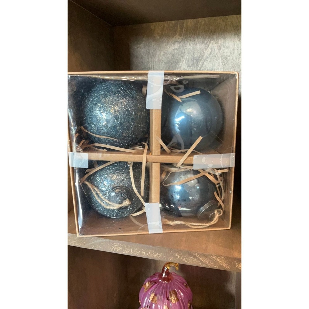Pottery Barn German Glitter Mercury Ornament Set Blue Glass Set of 4 NEW